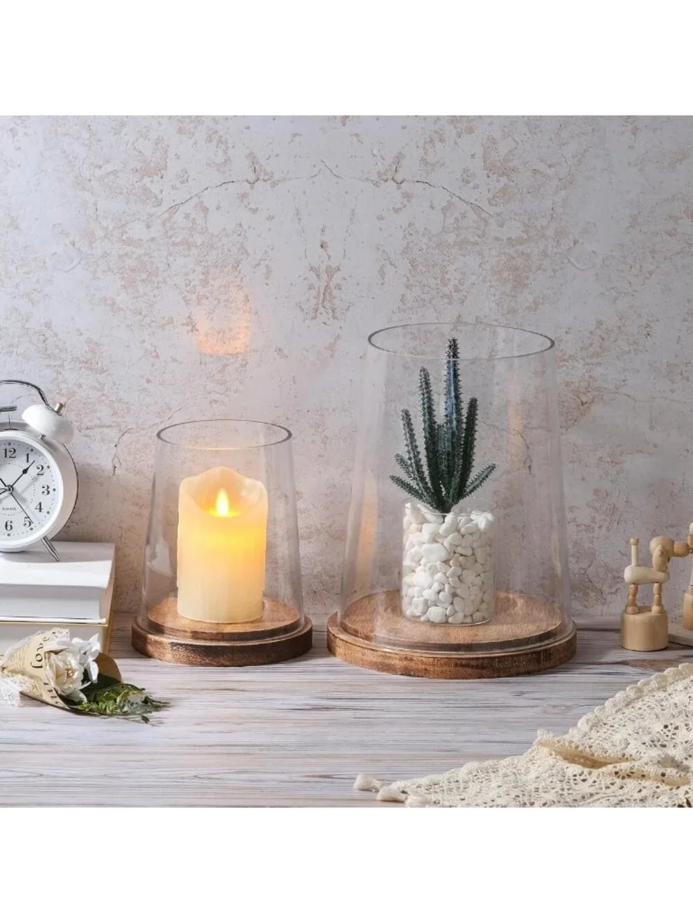 Set of 2 Vintage Glass Hurricane Candle Holders with Wood Base for Pillar